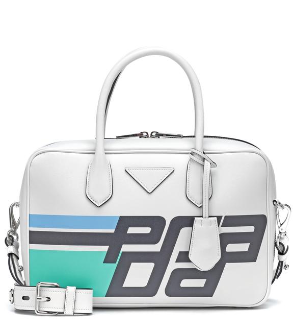 Prada White Pattern City Calf Logo Bowler Tote Cross Body Bag