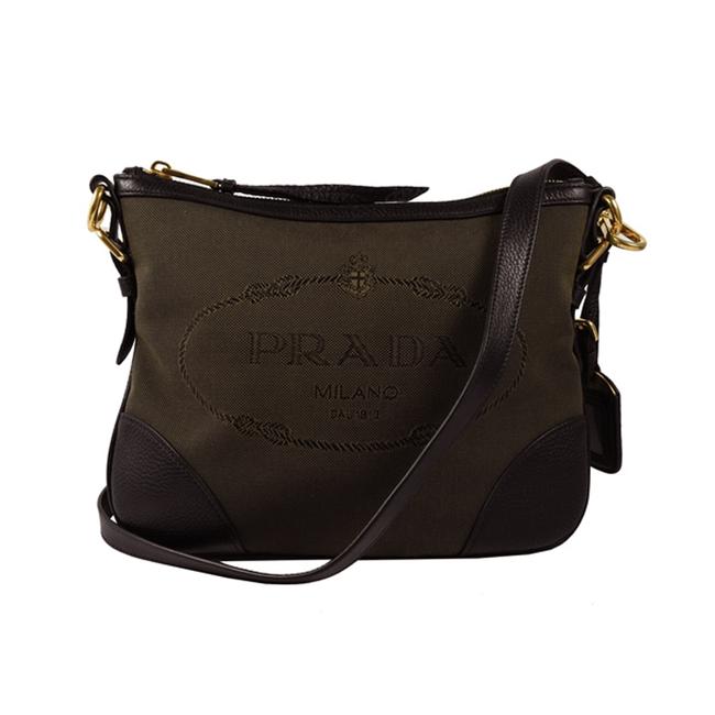 Prada Womens Logo Jacquard 1bh086 Brown Canvas Cross Body Bag
