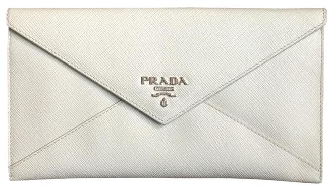 Prada Art Deco Style White Gray Leather Clutch
