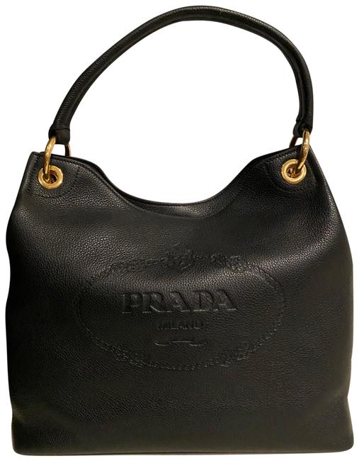 Prada 1bc051 Black Vitello Phenix Calfskin Hobo Bag