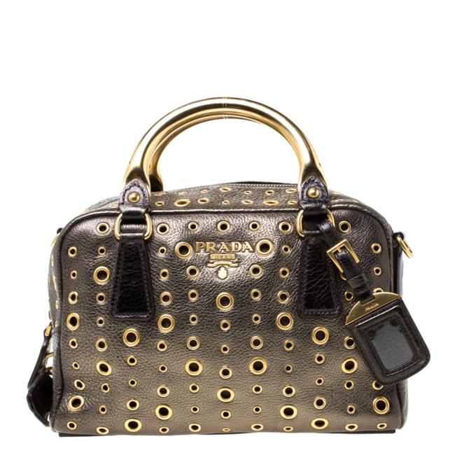 Prada Bauletto BlackOlive Green Grommet Black Leather Satchel