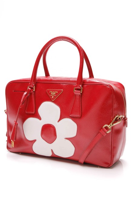 Prada Bauletto Flower Saffiano Red Patent Leather Satchel