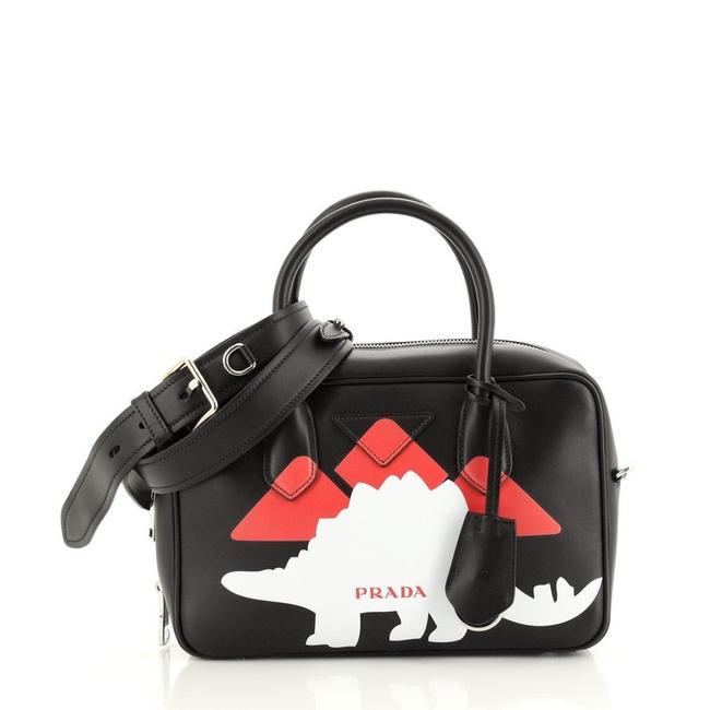 Prada Bauletto Printed City Calf Medium Black Leather Satchel
