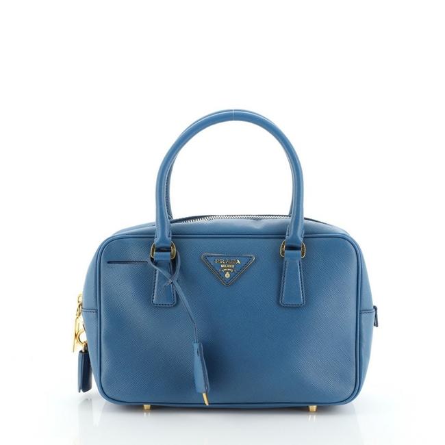 Prada Bauletto Saffiano Small Blue Leather Satchel
