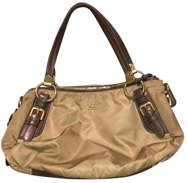 Prada Bauletto Tessuto + Tan with Brown Napa Leather Nylon  Hobo Bag