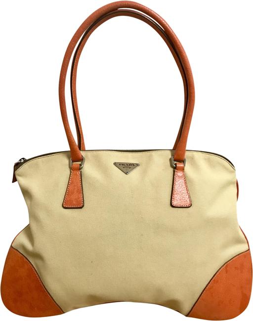 Prada Shoulder Beige Canvas and Orange Leather Logo Hobo Bag
