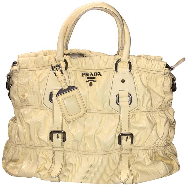 Prada Bianco Vernice Gaufre Beige Calfskin Leather Satchel