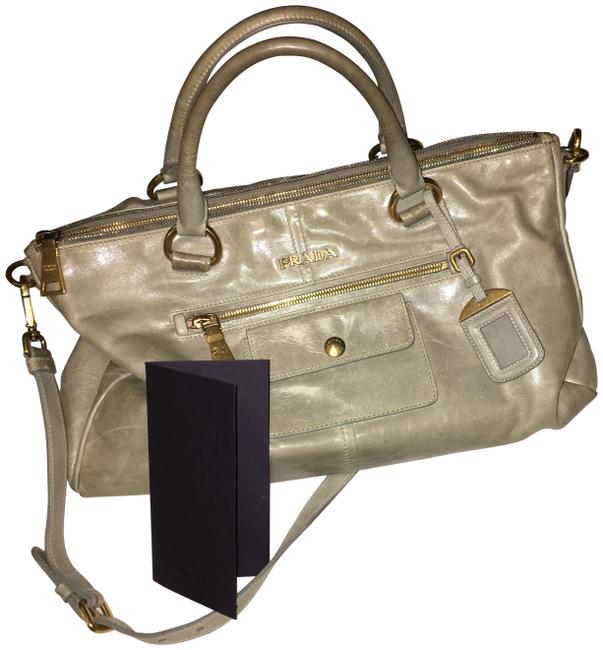 Prada Bl0606 Classic Tote Purse Taupe Leather Satchel