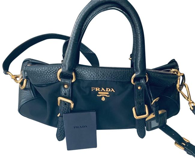 Prada Black and Gold Nylon Pebbled Leather Satchel