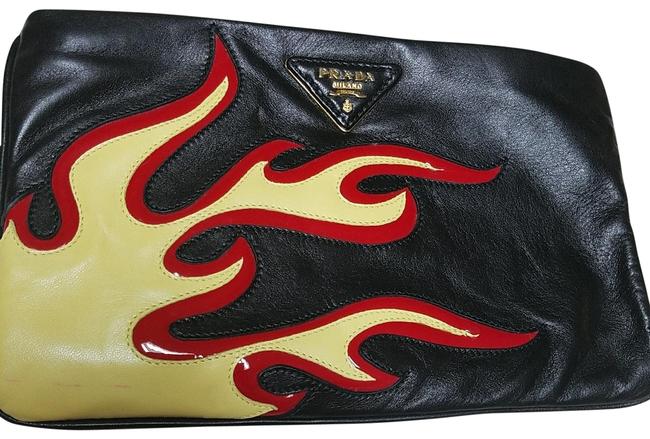 Prada Black Yellow and Red Leather Clutch