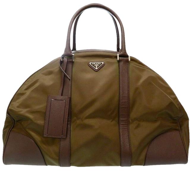 Prada Boston 17.75 Inch Style Overnight  Carry On Olive Green + Brown Nylon Satchel