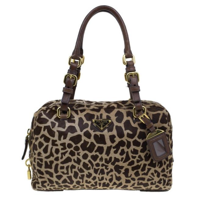 Prada Boston Bag Animal Print Pony Hair Brown Leather Satchel