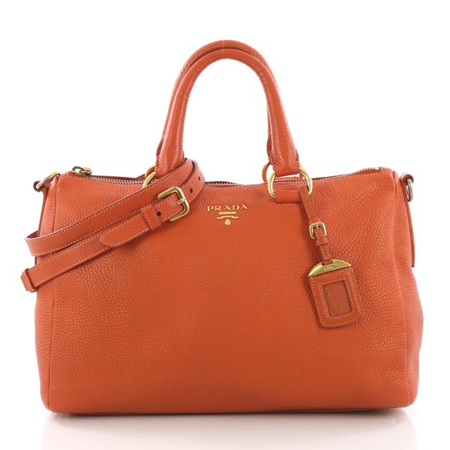 Prada Vitello Daino Boston Bag Convertible Medium Orange Leather Satchel
