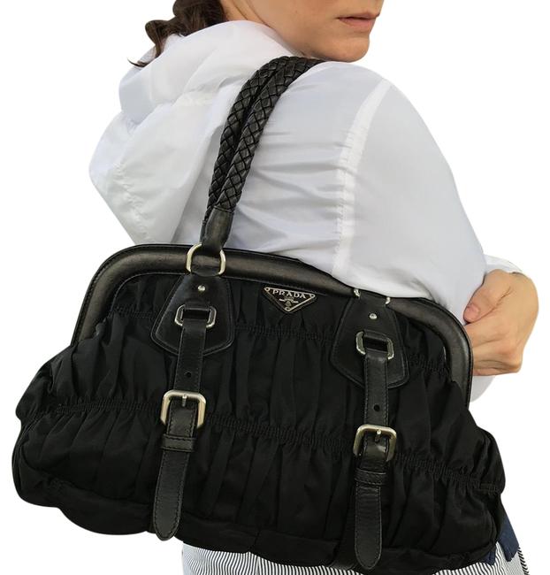 Prada Boston Leather Silver Tone Hardware Tessuto Gaufre Black Nylon Satchel