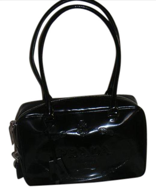 Prada Boston Spazzolato Handbag Caviar Black Patent Leather Satchel