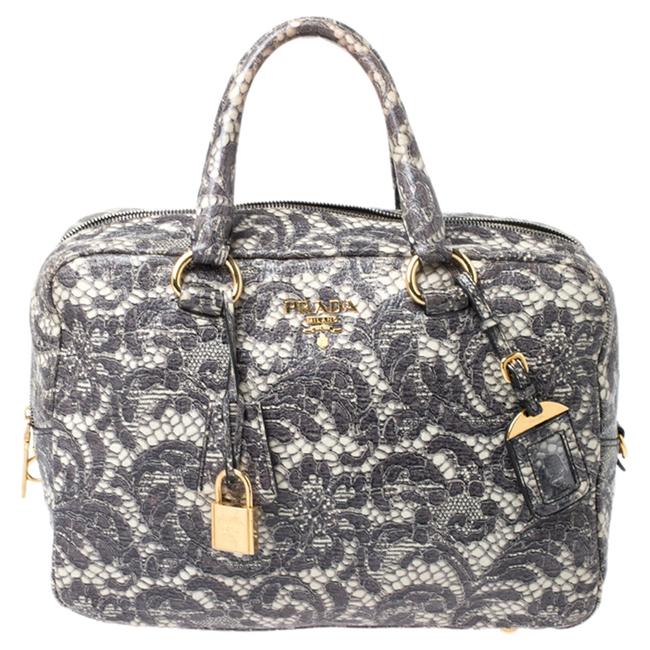 Prada Bowling Bag Beige Talco Lace Print Cervo Grey Leather Satchel