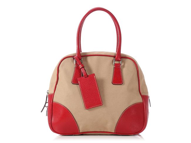 Prada Bowling Red Leather And Beige Canvas Satchel