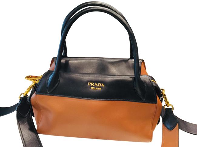 Prada Bowling Ribbon Shoulder Bag Bauletto Black Cognac + Nero Leather Satchel