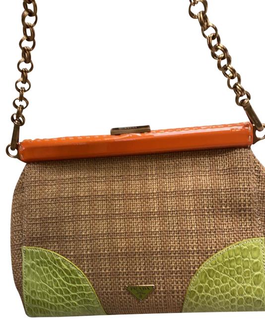 Prada Br2530 Tan with Green and Orange Straw Crocodile Satchel