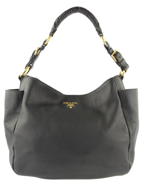 Prada Braided Handle Black Leather Hobo Bag