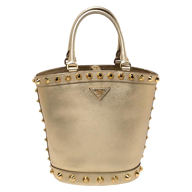 Prada Bucket Bag Metallic Saffiano Vernice Studded Gold Leather Satchel