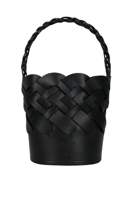 Prada Bucket Bag Vitello Intreccio Black Leather Satchel