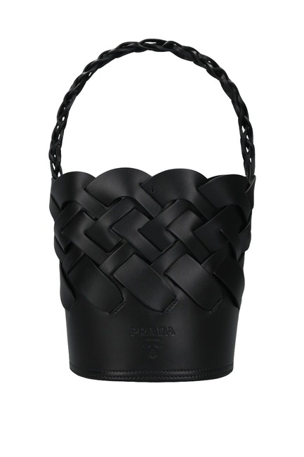 Prada Bucket Bag Vitello Intreccio Blsck Leather Satchel