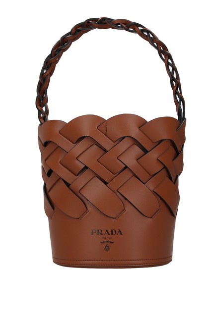 Prada Bucket Bag Vitello Intreccio Tan Leather Satchel