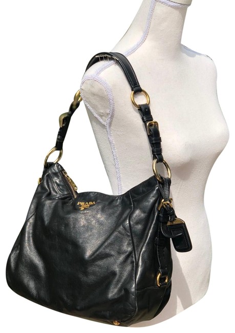 Prada Buckled Soft Calfskin Black Leather Hobo Bag