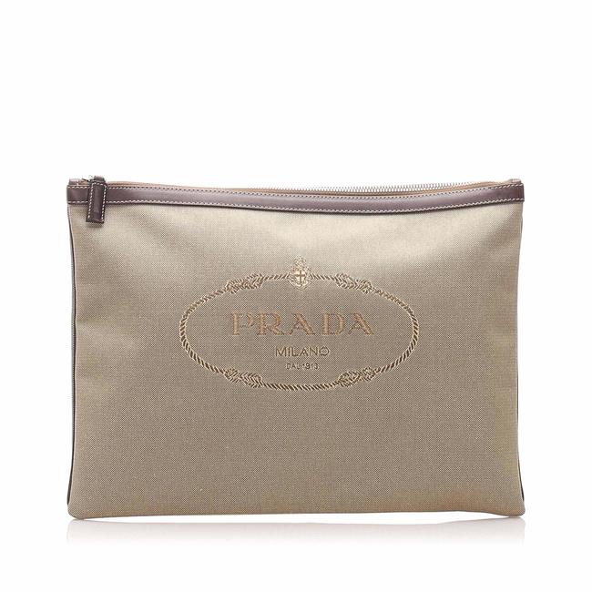 Prada Canapa Canvas Brown Leather Clutch