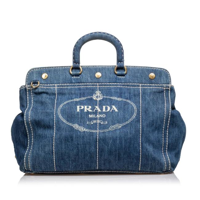Prada Canapa Italy Large Blue Denim Fabric Satchel