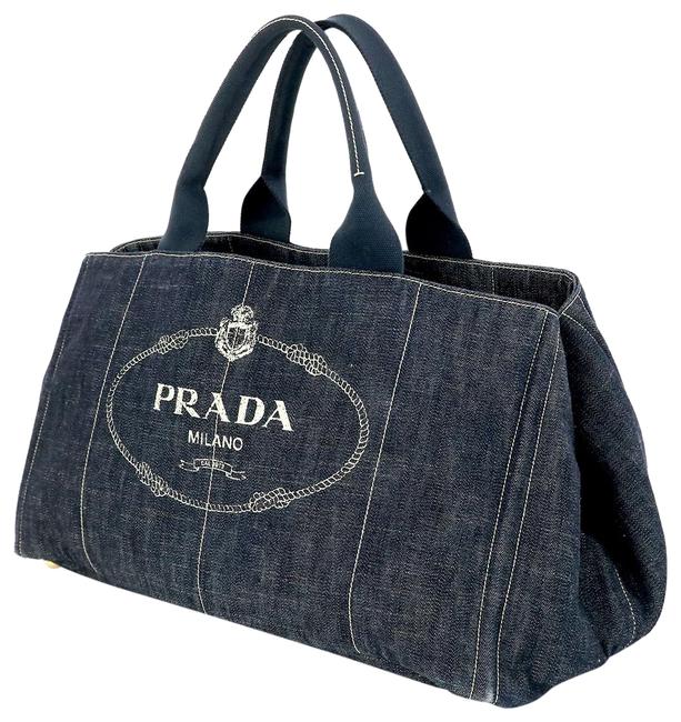 Prada Canapa L Womens Handbag Blue Denim Satchel