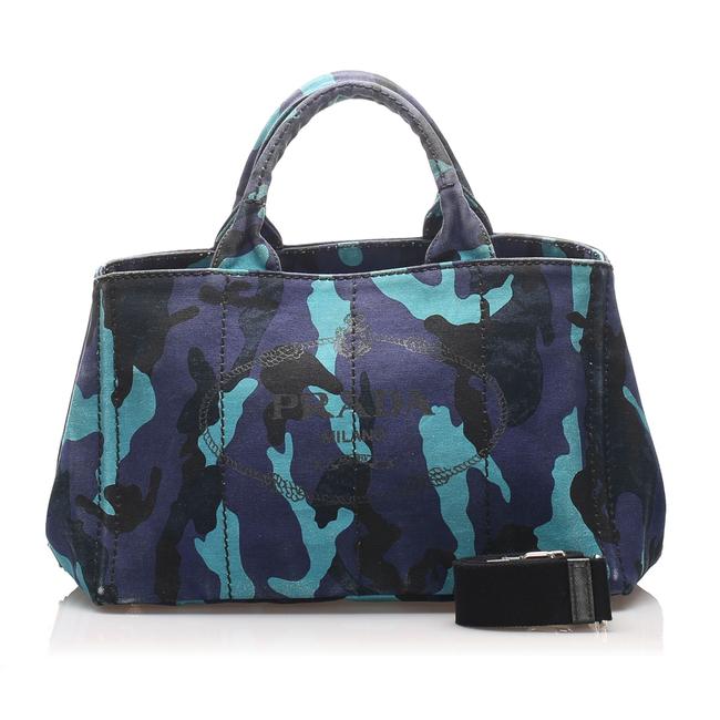 Prada Canapa Printed Blue Canvas Satchel
