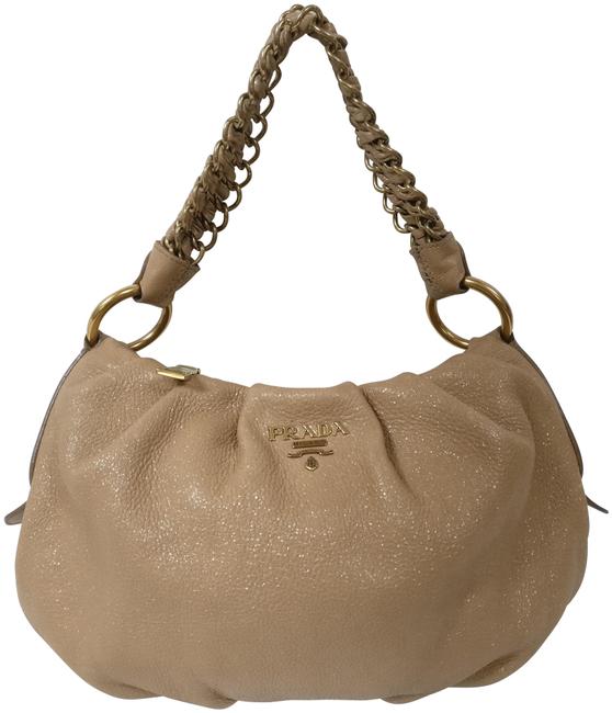 Prada Shoulder Cervo Deerskin Pleated Chain Beige Leather Hobo Bag