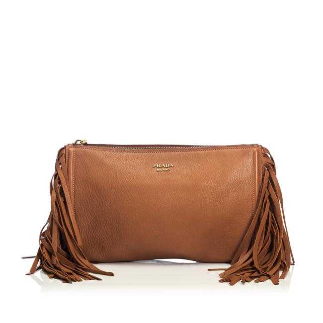Prada Cervo Fringe Italy Dust Brown Leather Clutch