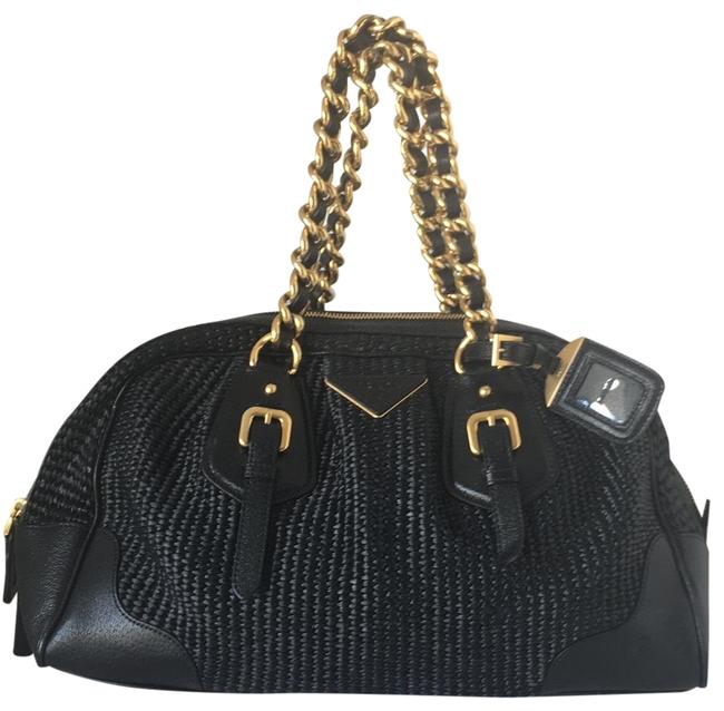 Prada Chain Bowler Black Woven Straw Satchel
