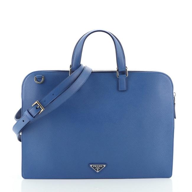 Prada Convertible Travel Briefcase Saffiano Blue Leather Satchel