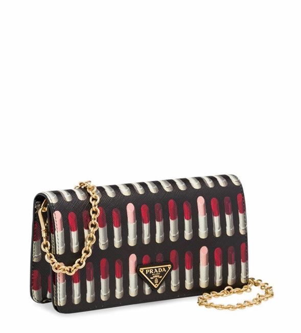 Prada Crossbody Lipstick Print Black Saffiano Leather Clutch