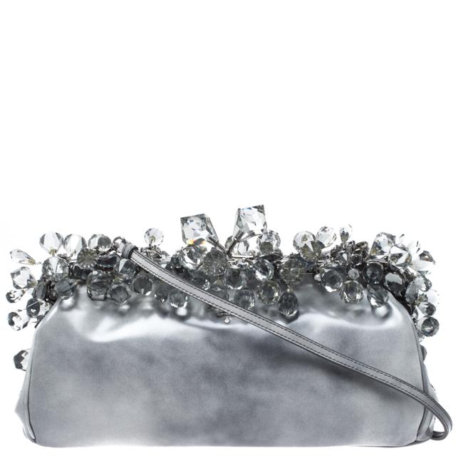 Prada Crystal Encrusted Chain Grey Patent Leather Clutch
