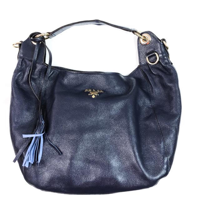 Prada Daino 2way Tote Blue Leather Hobo Bag