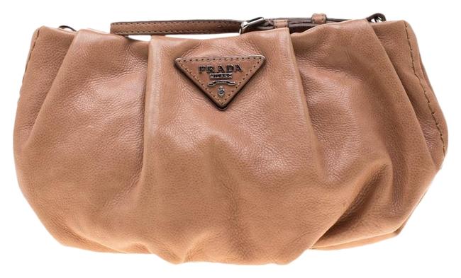 Prada Dark Glazed Ruched Wristlet Beige Leather Clutch