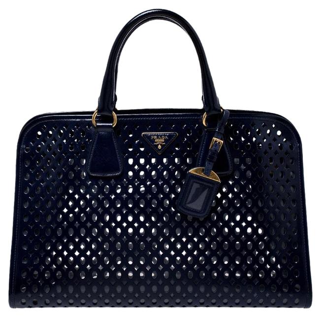 Prada Dark Perforated Saffiano Fori Blue Patent Leather Satchel