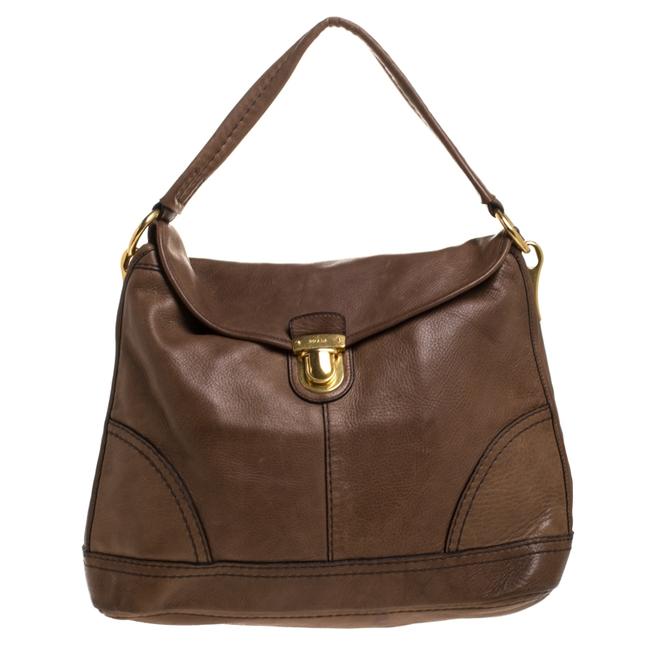 Prada Dark Soft Pushlock Brown Leather Hobo Bag