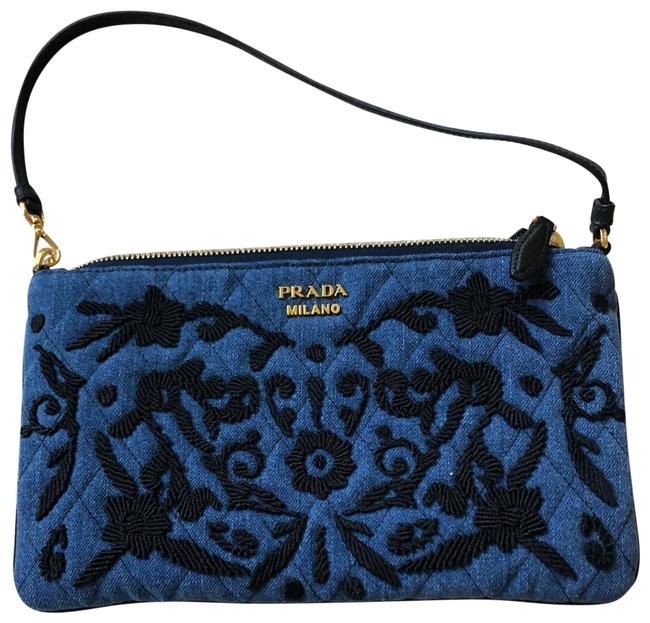 Prada Denim Impuntara Embroidered Blue Clutch