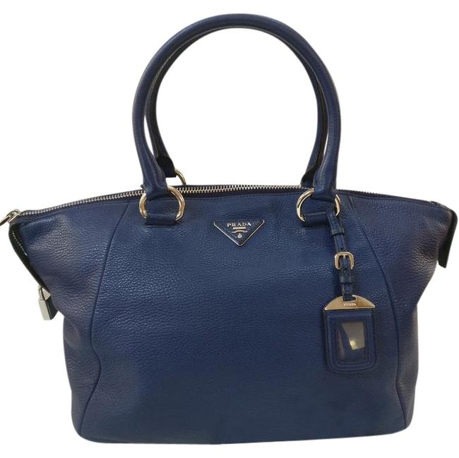 Prada Vitello Daino Double Br5128 Dark Handle Blue Leather Satchel