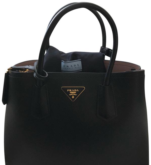 Prada Double Cuir Small T Black Saffiano Satchel