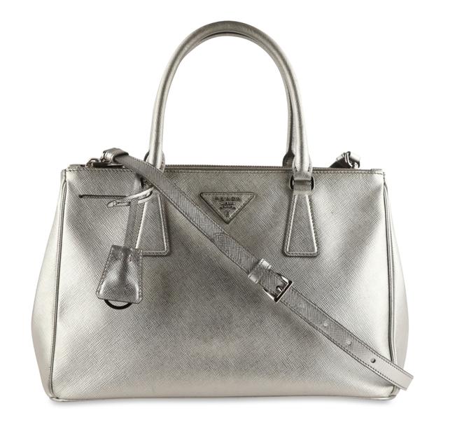 Prada Double Double zip Saffiano Silver Leather Satchel