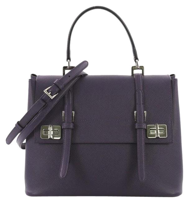 Prada Double Half Flap Turn Lock Large Purple Saffiano Leather Satchel