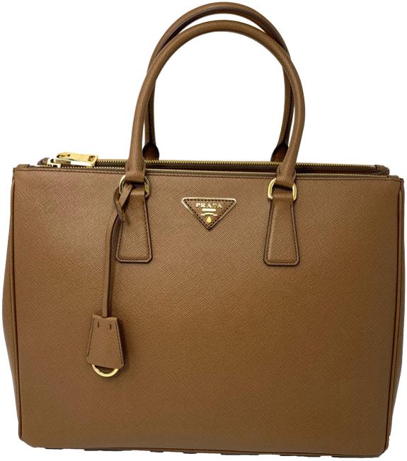Prada Double Lux Saffiano Large Zip Tote Cannella Leather Satchel