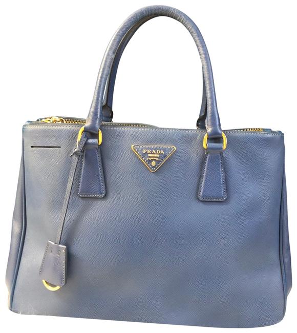 Prada Double Saffiano Double zip Blue Leather Satchel